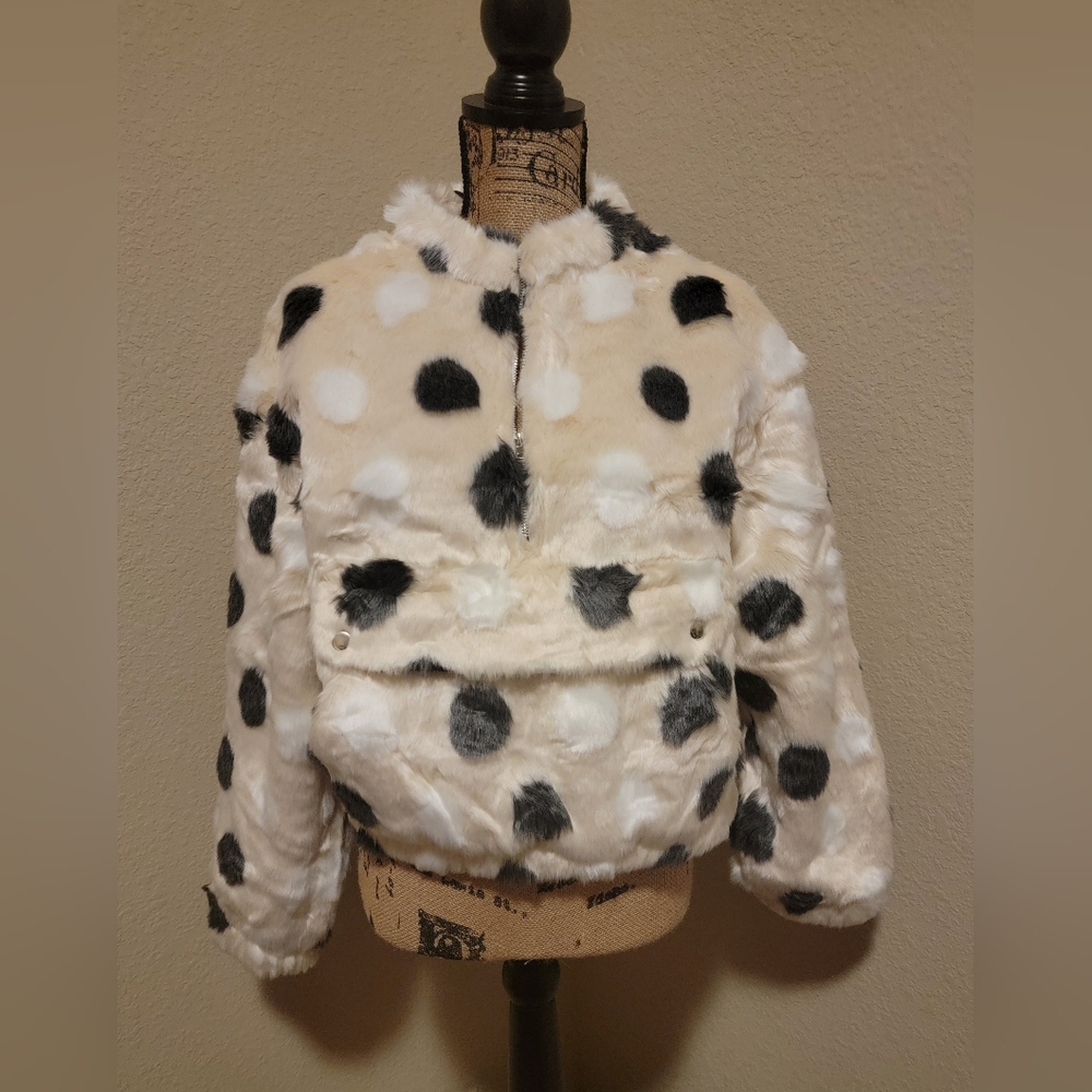 AKIRA Cream Faux Fur Bomber Jacket with Black Polka Dots